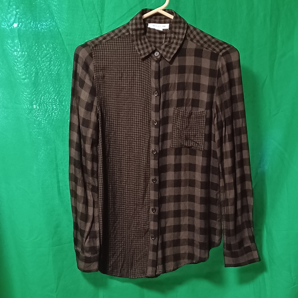 Beachlunchlounge Mixed Plaid Houndstooth Button Down Shirt Olive Black XS